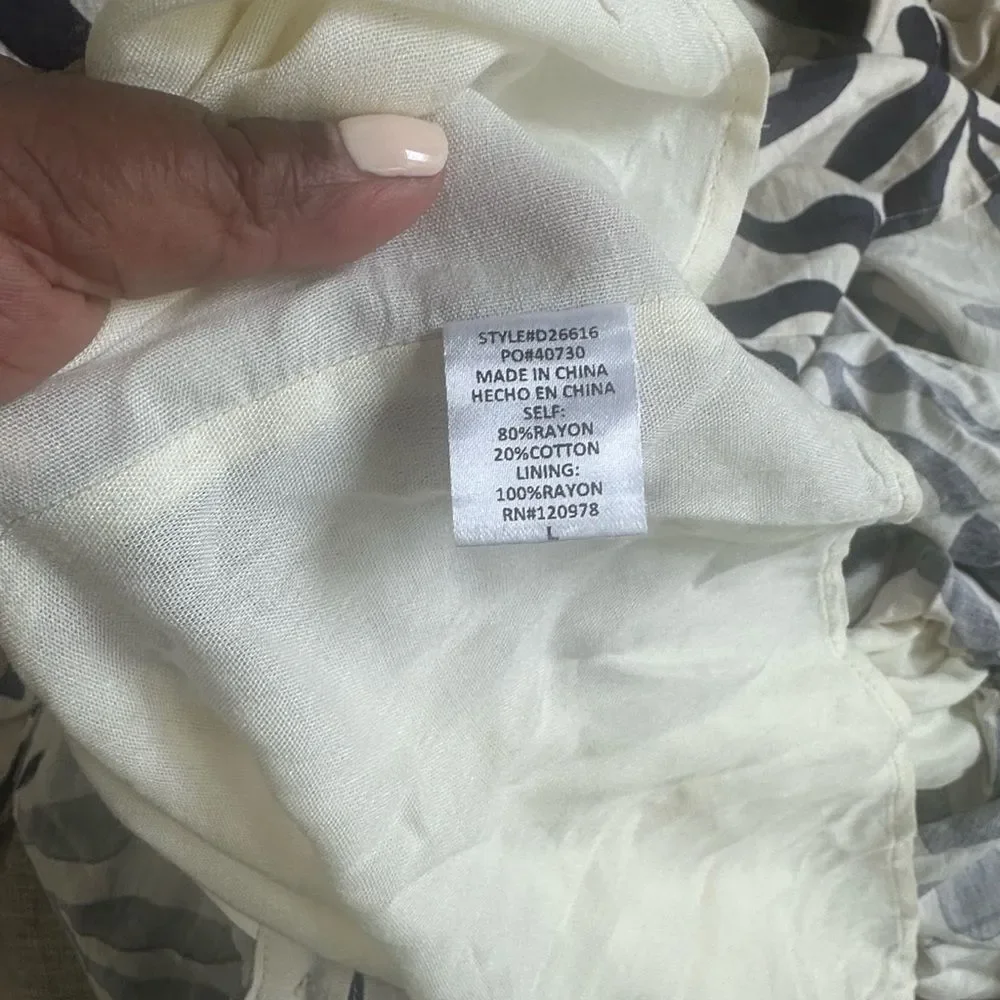 Entro Navy Blue Leaf Print Scallop Trim Midi Shirt Dress L - Picture 8 of 9